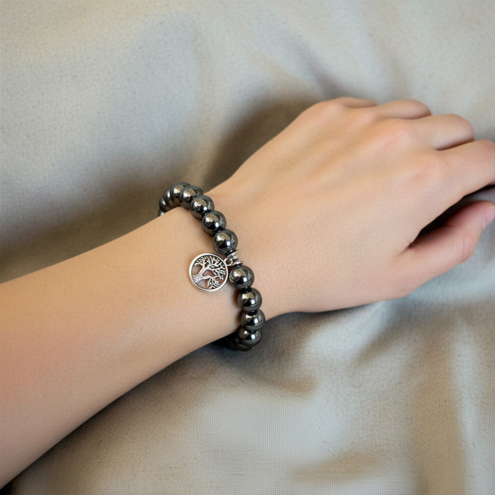 Pulsera Hematite con Charm Árbol de la vida 10mm