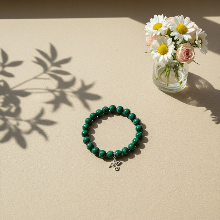 Pulsera Malaquita con Charm Colibrí 10mm