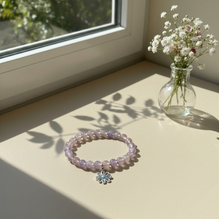 Pulsera Ágata Gris con Charm Flor 8mm