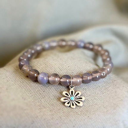 Pulsera Ágata Gris con Charm Flor 8mm