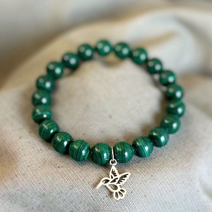 Pulsera Malaquita con Charm Colibrí 10mm