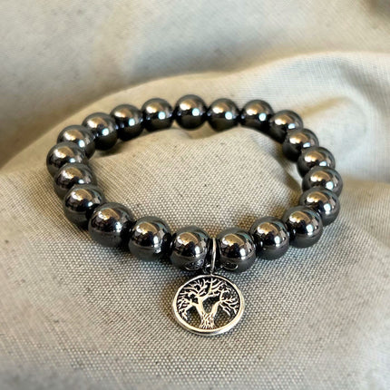 Pulsera Hematite con Charm Árbol de la vida 10mm