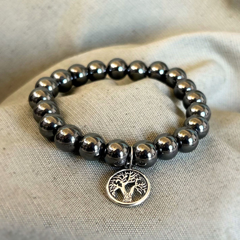 Pulsera Hematite con Charm Árbol de la vida 10mm