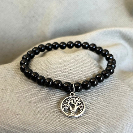Pulsera de Turmalina Negra con Charm del Árbol de la Vida