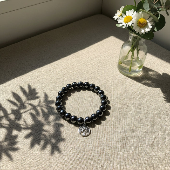 Pulsera Hematite con Charm Árbol de la vida 10mm