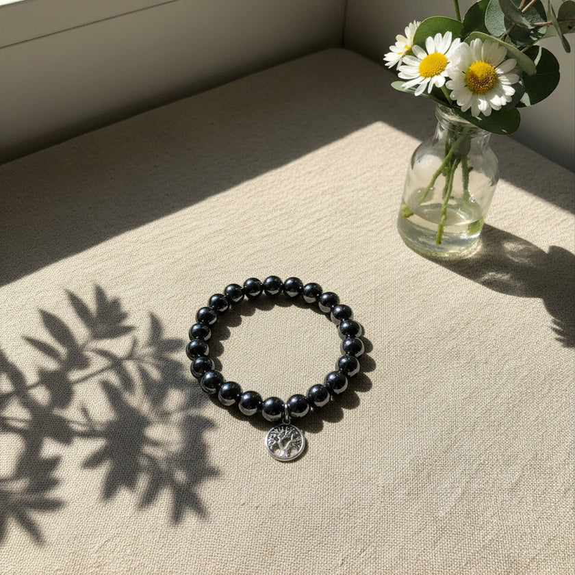 Pulsera Hematite con Charm Árbol de la vida 10mm